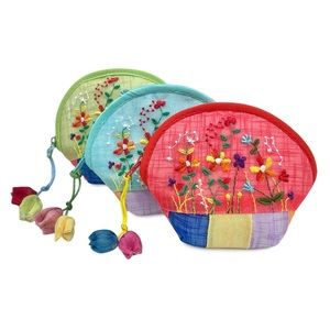 Korean Traditional Embroidered Floral Coin Purse 3 pcs. Made in South Korea NWOT